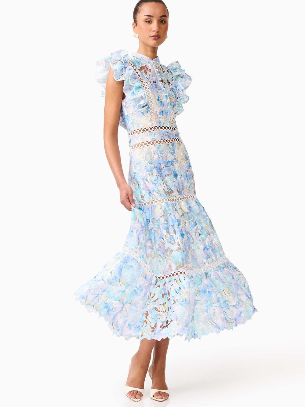 ELLIATT Kalissa Ruffle Maxi Dress in Blue Floral Size S NWT